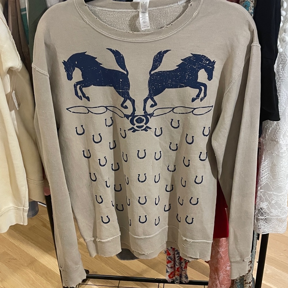 Equestrian Beige Sweatshirt with Navy Horse Design